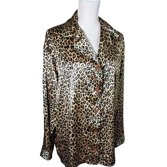 Victoria's Secret Tops - Victoria's Secret Pajama Top Womens Large Brown Leopard Print Satin Button Down